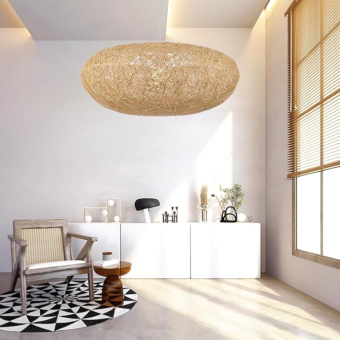 Arturesthome Round Rattan Pendant Lights, Boho Wicker Chandelier Basket Lighting Fixture, Large Natural Woven Hanging Lamp for Kitchen Island