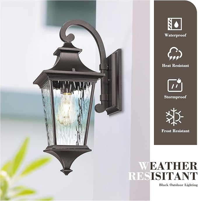 Emliviar Outside Wall Sconce Light Fixture, 21.1 Inch Rustic Wall Lantern with Water Ripple Glass, Outdoor Patio Light in Oil Rubbed Bronze Finish for Entryway, XE292B-M ORB SW