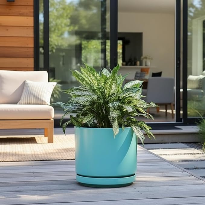 PLANTATOREM Ceramic 10 Inch Mid Modern Planter Pot with Drainage Hole and Saucer, Indoor Cylinder Round Flower Pot, Perfect for Planting Succulents, Herbs, Flowers, House Plants, Tea Green