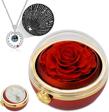 Preserved Real Red Rose with “I Love You” Necklace 100 Languages, Romantic Rose Gifts for Women, Mom, Wife, Girlfriend, Birthday, Anniversary, Mothers Day