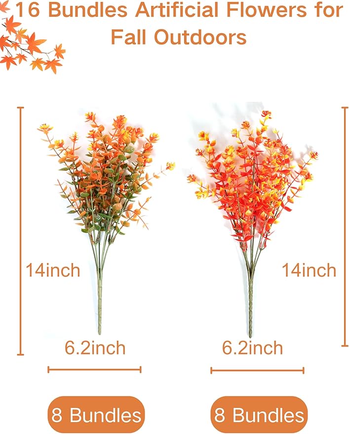 16 Bundles Artificial Flowers for Fall Outdoors Decoration - Fake Mums Faux Artificial Plants Plastic Shrubs Flower No Fade for Harvest Halloween Thanks Giving Day Decor