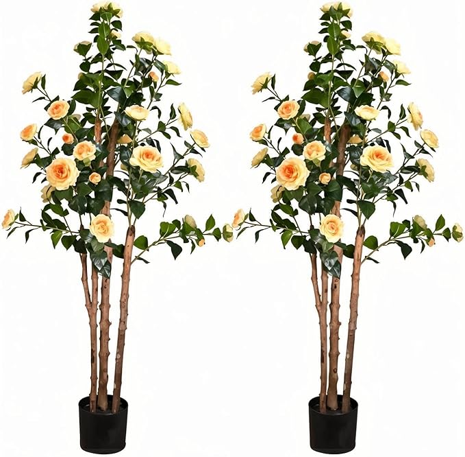 2pc 5ft Decorative Artificial Camellia Tree with YellowFlowers, Potted Faux Floral Plant, Realistic Blooming Fake Plants for Indoor Outdoor Home Front Door Planter Decor