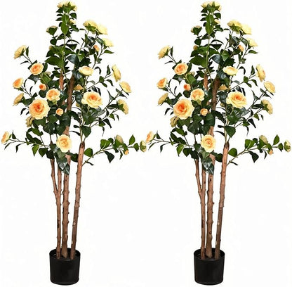 2pc 5ft Decorative Artificial Camellia Tree with YellowFlowers, Potted Faux Floral Plant, Realistic Blooming Fake Plants for Indoor Outdoor Home Front Door Planter Decor