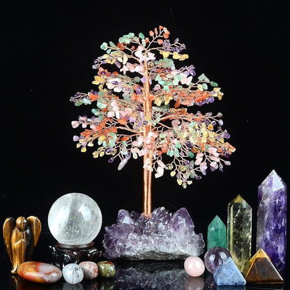 Natural Gemstone Crystal Tree of Life,Chakra Tree Multi Stone,Amethyst Geode Cluster Base,Positive Energy Healing Crystals Bonsai Money Tree,Feng Shui Home Decor Spritural Gift10-12"