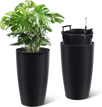 IDEALHOUSE Set of 2 Tall Planters for Outdoor Plants - 22 in Large Planters for Outdoor Indoor Plants with Water Level Monitor, Inner Bucket, Automatic Watering, for Porch, Patio, Backyard, Black
