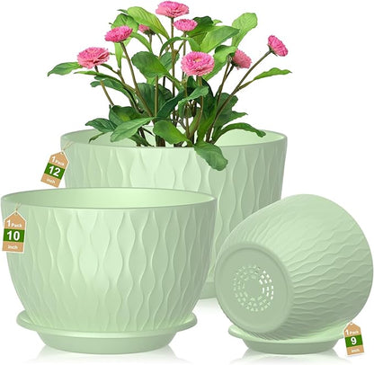 12/10/9 Inch Large Planter Pots, 3-Pack Flower Pots for Indoor Outdoor Garden Plants, Big Plant Pots with Multi Mesh Drainage Holes and Saucer (Green, 12"+10"+9")