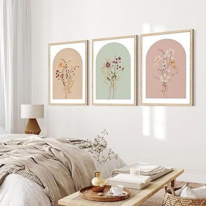 CHMMART 3 Piece Boho Wildflower Framed Wall Art Floral Botanical Canvas Art Prints Flower Pictures Wall Decor Minimalist Painting Artwork for Living Room Bedroom Bathroom 16x20in