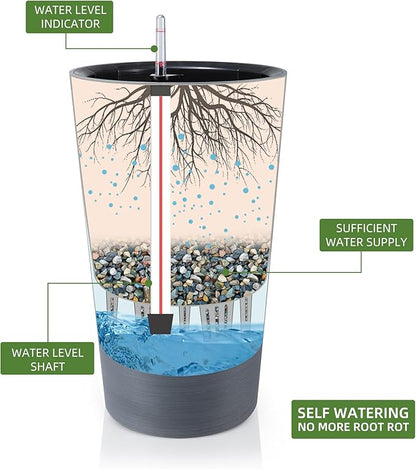 Dexceder 22x13 Tall Self Watering Planter High Cylinder Indoor Outdoor, Thickened Large Floor Standing Flower Plant Pot with Water Level Indicator (Gray, Wire Drawing)