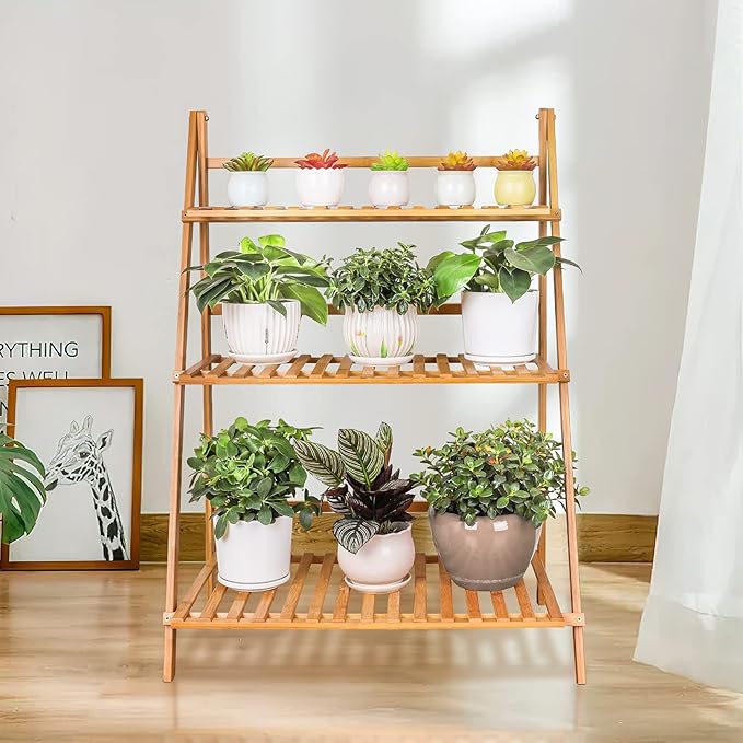 Ufine Bamboo Ladder Plant Stand 3 Tier Foldable Flower Pot Display Shelf Rack for Indoor Outdoor Home Patio Lawn Garden Balcony Organizer Planter Holder
