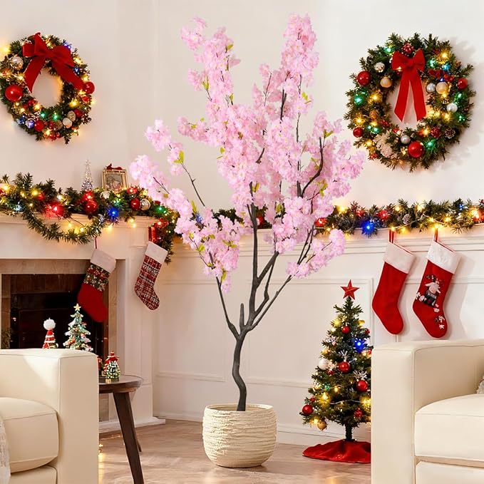 7.2ft Artificial Cherry Blossom Tree for Indoor Decor,Nearly Nature Pink Silk Flowers Fake Tree Tall,Realistic Faux Cherry Plant Tree for Christmas New Year Decor