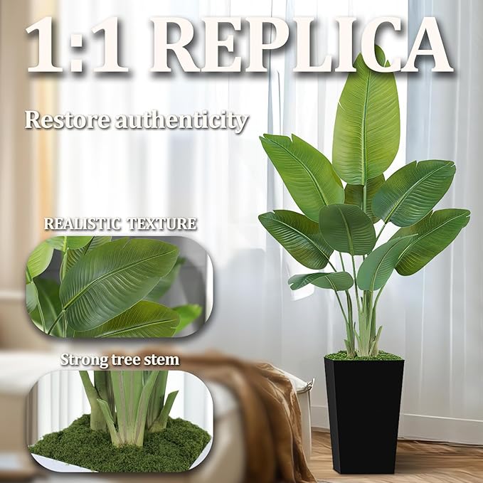 Lifelike Bird of Paradise Artificial Plant 5ft Faux Banana Leaf Tree with Black Tall Planter for Home Decor - Perfect Indoor Silk Floor Plant for Living Room, Office, and Bedroom Ambiance Enhancement
