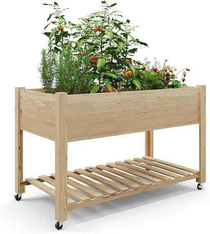 CABIHOME 48x24x32-in Wooden Raised Garden Bed, Planter Box with Legs, with Bed Liner and Bottom Shelf Flowers, Veggies, Herbs for Backyard, Patio, Balcony, Natural