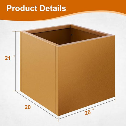Corten Steel Planter Box 20"x20"x21", Rustic Metal Planter with Partitions & Drainage Holes, Frost Rust Resistant Heavy Duty Planter for Patio Garden Indoor Outdoor Commercial Decor