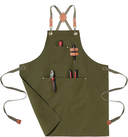 Chef Aprons for Men Canvas Apron with Large Pockets and Adjustable Neck Strap for Cooking, BBQ, Gardening