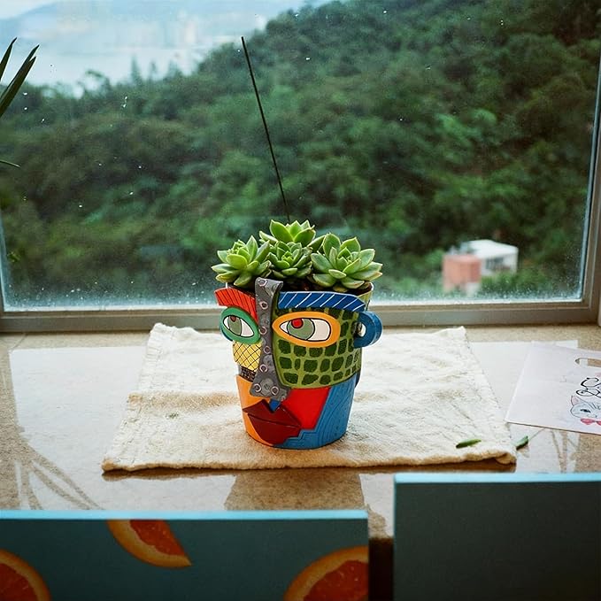 Abstract Face Planters Pots - Whimsical Hand-Painted Ceramic Face Pot for Succulents Plants, Unique Planters for Indoor Garden Decor, Artistic Home & Office Desk Decoration