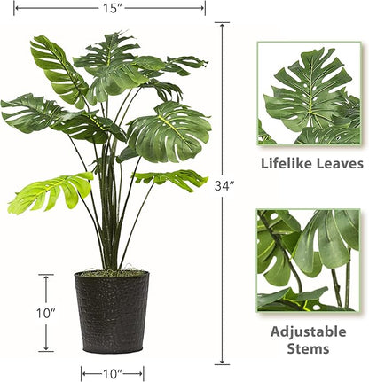 2.8ft Faux Monstera Deliciosa - Realistic Fade Resistant Foilage, No Maintenance, Large Indoor Artificial Plant in Black Metal Pot - Living Room, Home & Office Decor