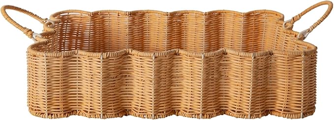 Scalloped Rattan Tray Basket,17"*12"*4" Super Hard Rectangle Hand Woven Wicker Serving Tray with Handles, Seagrass Decoratve Tray for Coffee Table (Rattan-Cream Color-17 * 12 * 4")