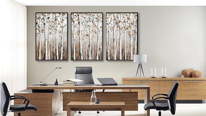 Large Framed Tree Wall Art - Abstract Forest Wall Decor 24"x36" Set of 3 Aesthetic Autumn Birch Painting Prints Modern Brown Plant Canvas Pictures for Living Room Bedroom Office Artwork