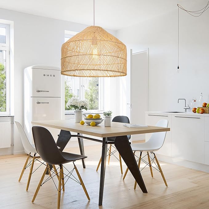 Arturesthome 1 Light Pendant Light Lampshade,Wicker Rattan Hanging Light Fixture Chandelier for Kitchen Island Dining Room Entryway Hallway W 16.5"*H 13"
