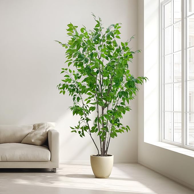 Artificial Ficus Tree with Green Leaves, 7ft Tall, Indoor Plant with Decorative Beige Planter