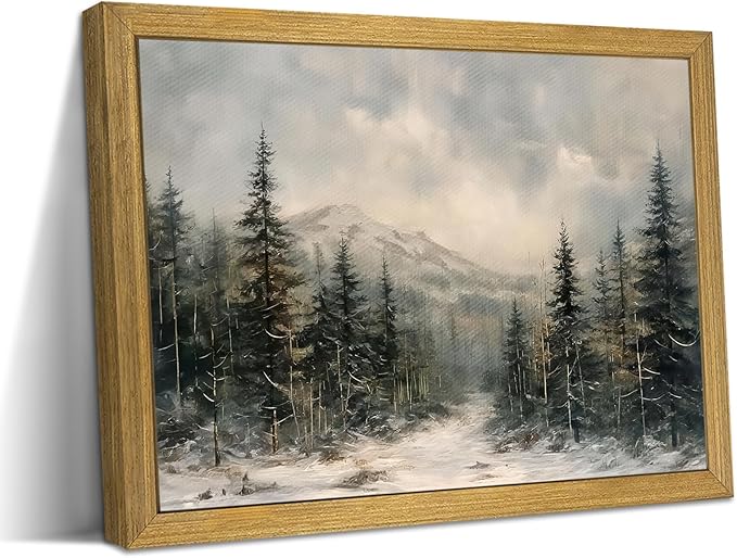 Framed Vintage Wall Art, Forest Landscape Canvas Wall Decor, Winter Pine Tree Poster Print Picture, Christmas Decor Painting for Living Room Bathroom Kitchen Home Decor 8x10 Inch
