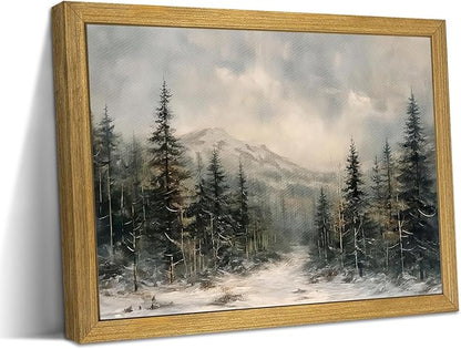 Framed Vintage Wall Art, Forest Landscape Canvas Wall Decor, Winter Pine Tree Poster Print Picture, Christmas Decor Painting for Living Room Bathroom Kitchen Home Decor 8x10 Inch
