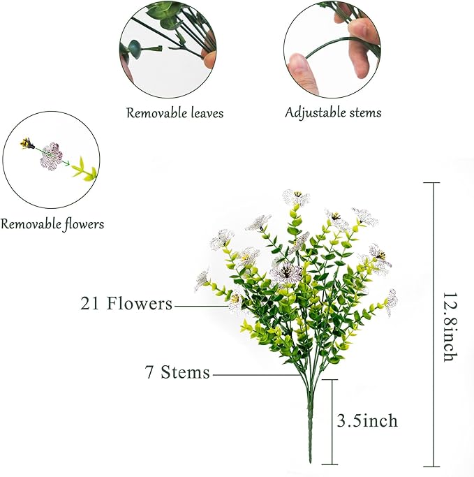 Faux Flowers for Outdoor Planters, Artificial Flowers for Outdoors, 12 Bundles Outdoor Flowers Uv Resistant, Artificial Flowers for Decoration, White Silk Faux Spring Flowers for Outside
