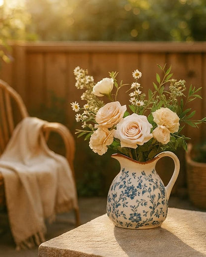 Blue and White Ceramic Vase with Handle – 7.28 Inch Vintage Crackle Glaze Pitcher Style Flower Vase, Chinoiserie Tuscan Decorative Jug for Shelf, Desk, Home Decor