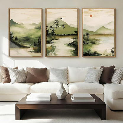 ANHUIB Green Mountain Wall Art Japanese Misty Landscape Wall Decor Foggy Forest Painting 16x24 Inch for Living Room Bedroom Bathroom