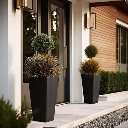 LA JOLIE MUSE 26 inch Tall Black Planters for Outdoor Plants,Set of 2 Tapered Planters with Trays,V-Shape Rectangular Garden Planters for Front Door, Patio and Deck