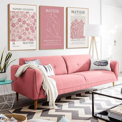 HLNIUC Matisse Pink Wall Art,Neutral Pink Flower Framed Canvas Wall Decor Set of 3(16”x24’) Modern Aesthetic Pictures Wall Painting,Abstract Flower Market Art Print for Living Room,Bedroom