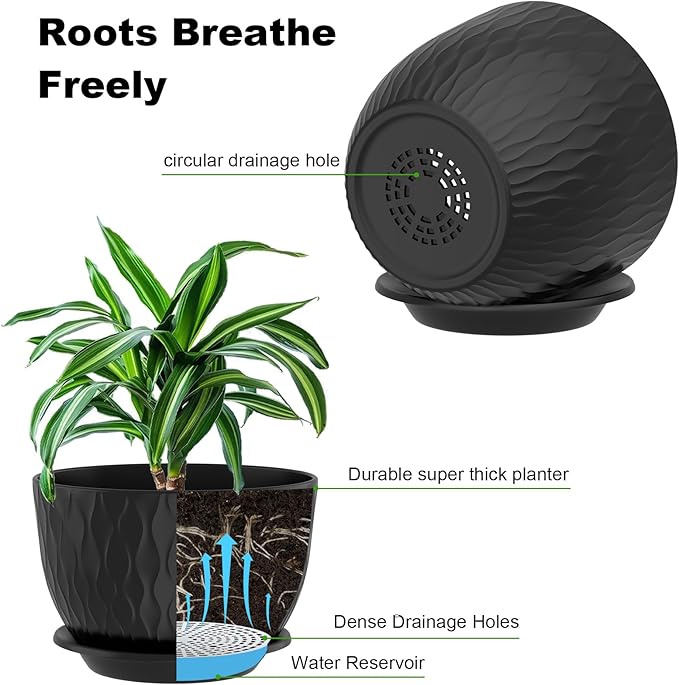 12/10/9 Inch Planter Pots, 3-Pack Large Flower Pots for Indoor Outdoor Garden Plants, Big Plant Pots with Multi Mesh Drainage Holes and Saucer (Black, 12"+10"+9")
