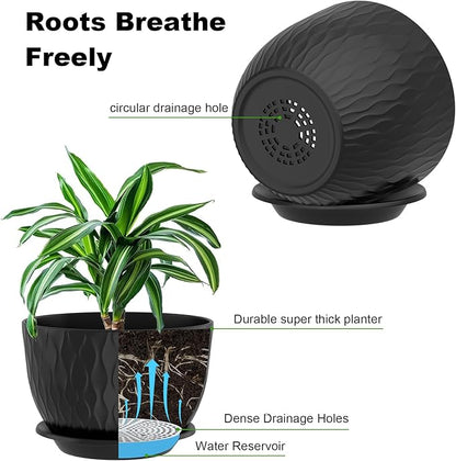 12/10/9 Inch Planter Pots, 3-Pack Large Flower Pots for Indoor Outdoor Garden Plants, Big Plant Pots with Multi Mesh Drainage Holes and Saucer (Black, 12"+10"+9")