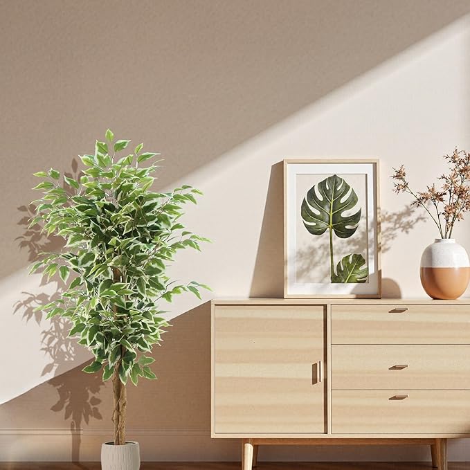 Ficus Tree Artificial, 4FT Realistic Fake Tree for Indoor, Faux Ficus Tree with Natural Wood Trunks Branch Leaves for Home, Office, Corner, Living Room, Bedroom, Porch, Garden Outdoor Decor