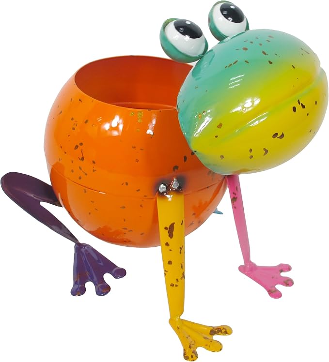 Continental Art Center Inc. 18148 Metal Frog Planter Flower Pot, Orange, Green