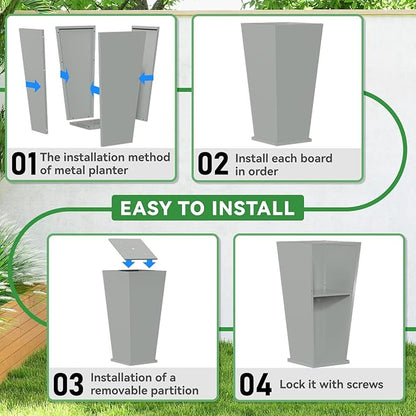 Metal Planter 2 Pack, 15L x 15W x 30H, Heavy Duty Tall Planters for Outdoor Plants, Planters with Removable Insert Shelf, Large Planters with Drainage Holes for Porch, Patio, Grey