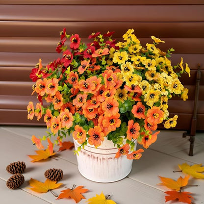 Artificial Flowers for Outdoors, Faux Flowers for Outdoor Planters, 12 Bundles Realistic Silk Flower Faux Fake Plants for Porch Patio Yard Planters, Home Decor, Yellow + Orange + Red