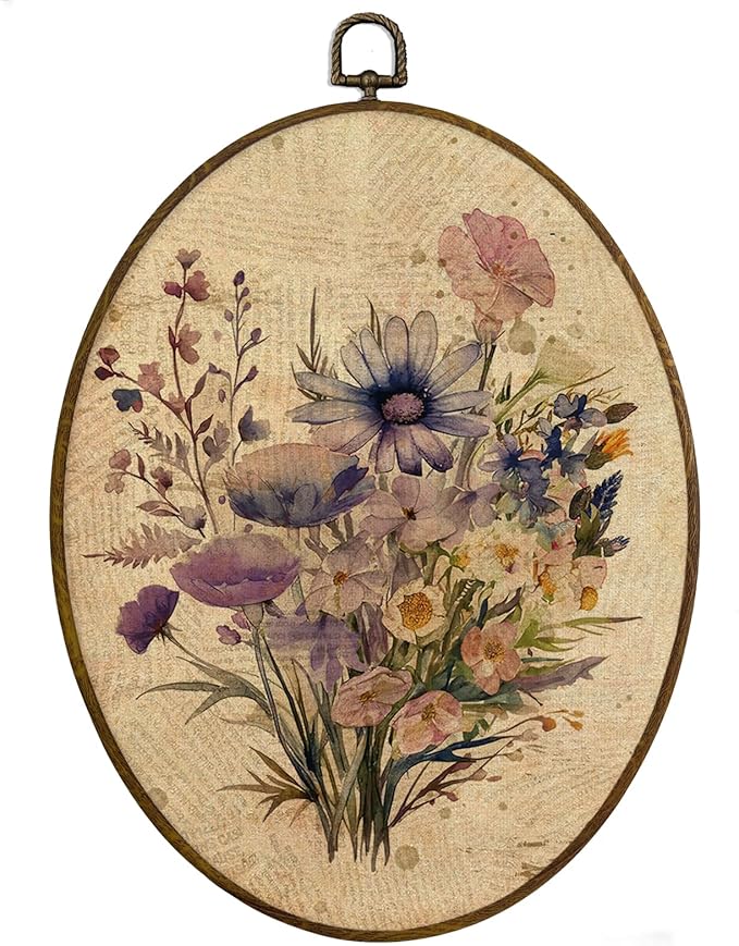 MAQIKA Vintage Flower Oval Framed Wall Art Decor, Wildflower Wall Art, Farmhouse Botanical Oval Wall Hanging Decor, Boho Purple Floral Canvas Prints Wall Art for Room Kitchen Bathroom, 8.7x11.3 Inch