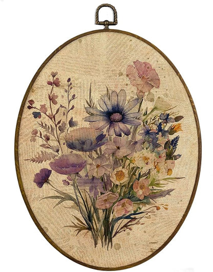 MAQIKA Vintage Flower Oval Framed Wall Art Decor, Wildflower Wall Art, Farmhouse Botanical Oval Wall Hanging Decor, Boho Purple Floral Canvas Prints Wall Art for Room Kitchen Bathroom, 8.7x11.3 Inch