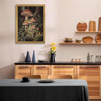 SAMHOU Framed Vintage Kitchen Wall Art, Rustic Woodland Mushroom Wall Decor, 3D Textured Hand Drawn Sandstone Print Painting, for Living Room Bedroom Kitchen 12x16 Inch