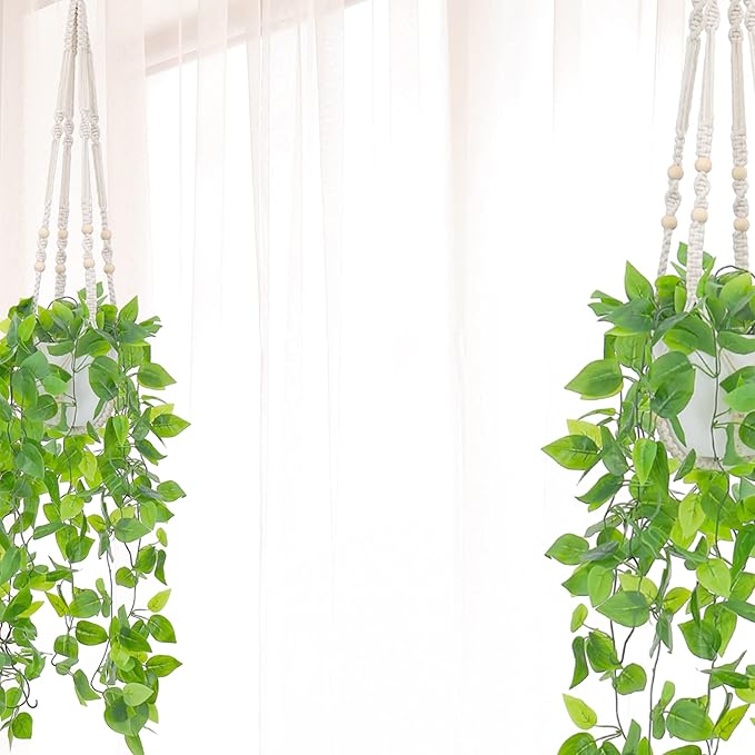 YIBOT Macrame Plant Hanger Indoor Outdoor, Up to 4-15 inch Pot, Heavy 20lb Planters, Extra Long Strong Hanging Planter Basket, Boho Home Decor, 35 Inch, Ivory, Set of 2 (POTS NOT Included)
