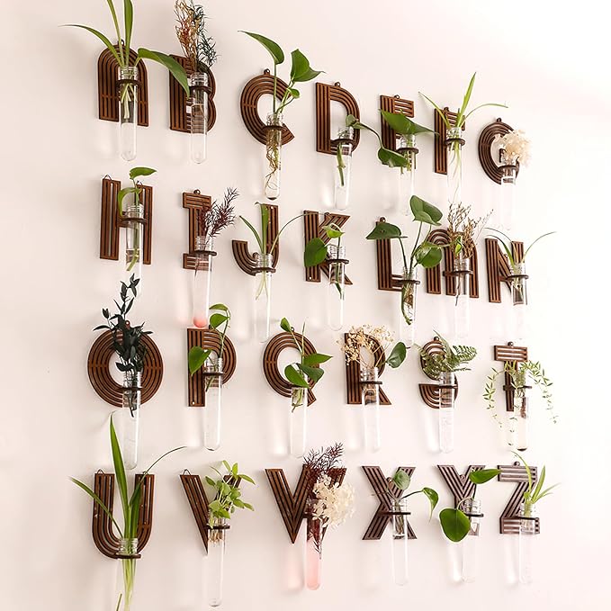 Wood Letter Wall Planter Terrariums Propagation Station with Test Tube Clear Flower Vase for Hydroponics Custom Vertical Garden Walnut DIY Home Decor Hanging Plant Holder Alphabet