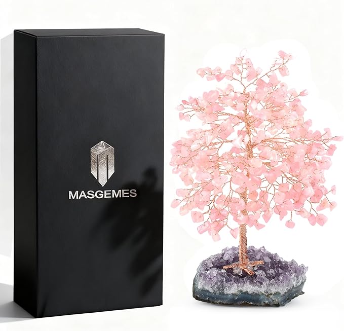 Gemstone Crystal Tree of Life,Natural Rose Quartz(406 Stones Count) with Amethyst Cluster Base,Chakra Positive Energy Feng Shui Decor Bonsai Money Tree,Birthday Gift 8.5''-9''