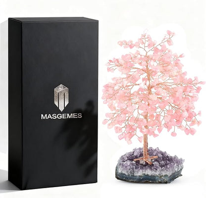 Gemstone Crystal Tree of Life,Natural Rose Quartz(406 Stones Count) with Amethyst Cluster Base,Chakra Positive Energy Feng Shui Decor Bonsai Money Tree,Birthday Gift 8.5''-9''