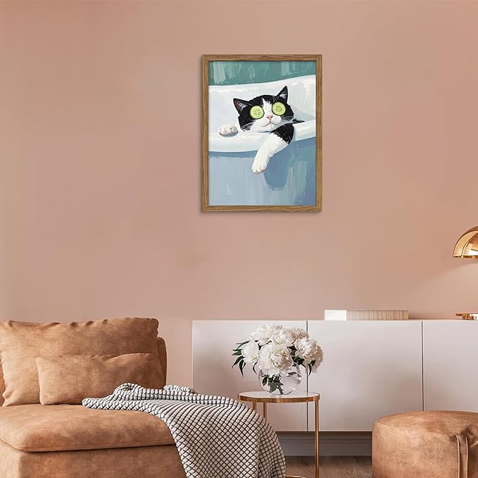 Framed Tuxedo Cat Canvas Wall Art, Bathroom Pictures Wall Decor, Funny Cat in Bath Poster Print, Modern Dark Humor Animal Painting Artwork for Bathroom Apartment Home Aesthetics – 8x10 inch