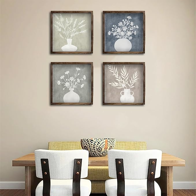 Pinetree Art Framed Boho Botanical Wall Art Set of 4, Plant Floral Wood Prints, Rustic Farmhouse Vintage Decor for Kitchen Living Room