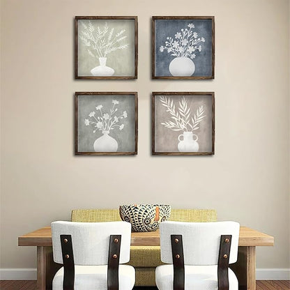 Pinetree Art Framed Boho Botanical Wall Art Set of 4, Plant Floral Wood Prints, Rustic Farmhouse Vintage Decor for Kitchen Living Room