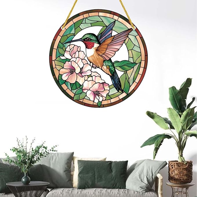 Acrylic Stained Window Hanging Hummingbird Art Acrylic Decoration for Indoor Outdoor Home Bar Office Garden Plastic Ornament Decor 12x12 Inch