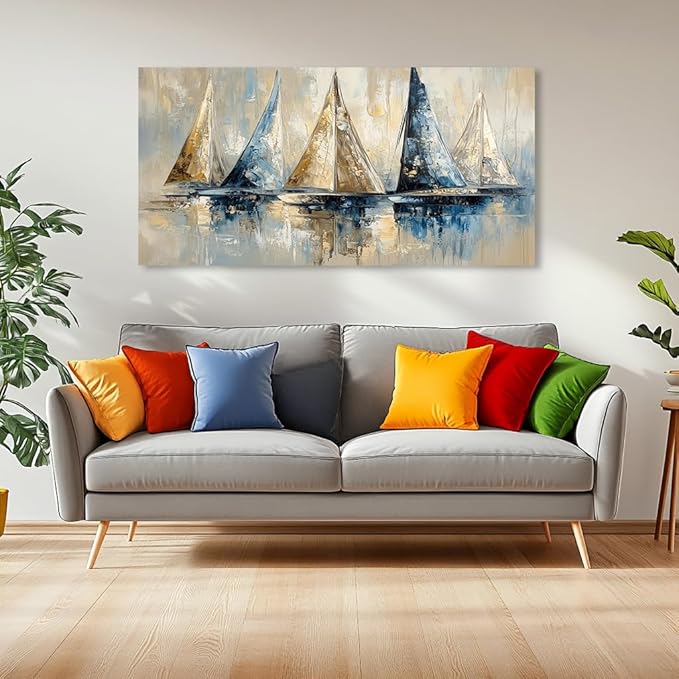 Blue Wall Art Sailboat Canvas Painting Ocean Sailboat Prints Sailing Ship Canvas Artwork Modern Coastal Blue Abstract Wall Art for Living Room Bedroom Office Boys Bedroom Wall Décor Ready to Hang (24x48 Inches)