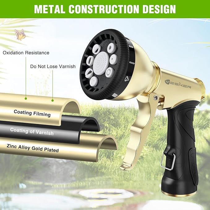 Yesker Garden Hose Nozzle, Water Hose Sprayer Nozzle Adjustable 9 Spray Patterns Heavy Duty Metal Water Nozzles for Hose Outdoor with Non-Slip Rubber Grip for Watering Plants Lawns Washing Cars Pets